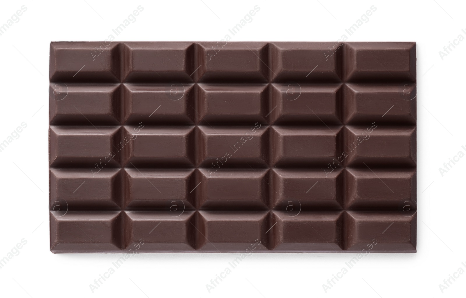 Photo of Delicious dark chocolate bar isolated on white, top view