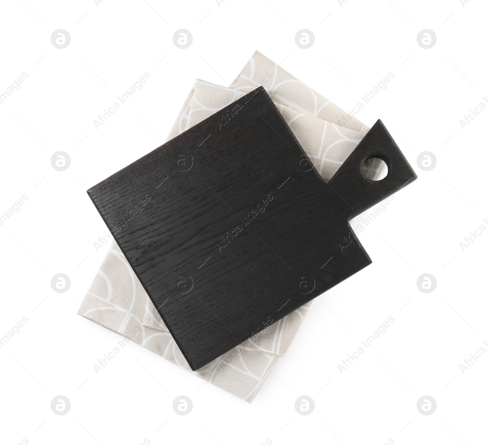 Photo of Black wooden cutting board and napkin isolated on white, top view