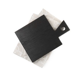 Black wooden cutting board and napkin isolated on white, top view