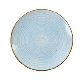 One light blue ceramic plate isolated on white, top view