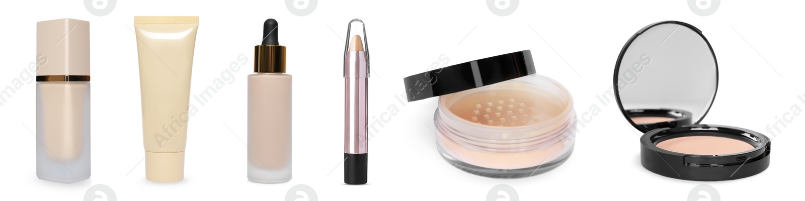 Image of Face powders, corrector and liquid foundations isolated on white. Collection of makeup products