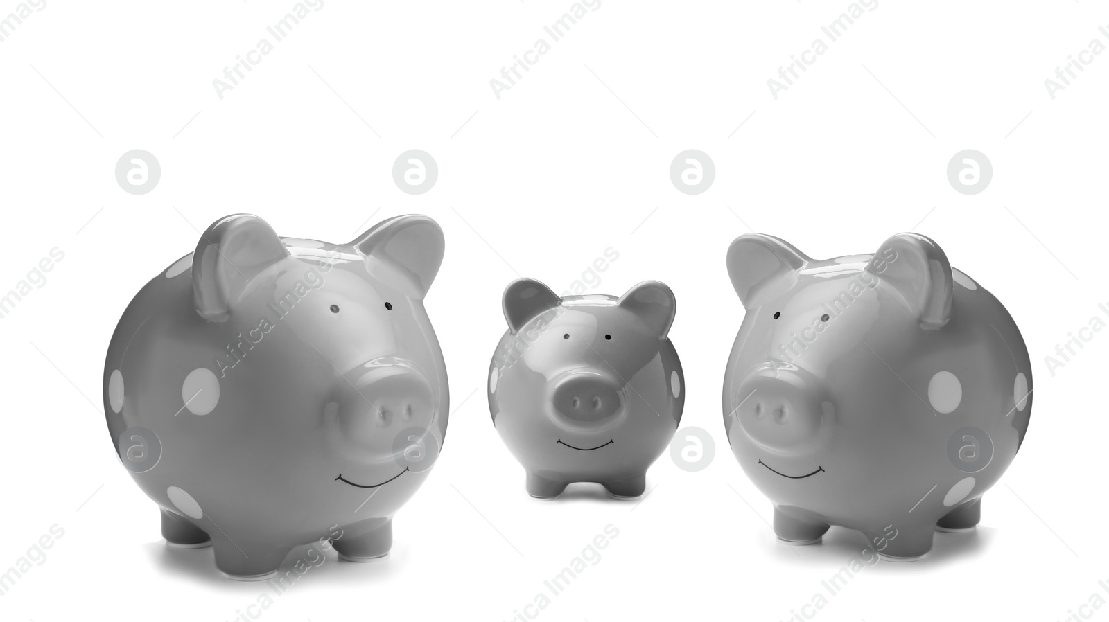 Image of Grey ceramic piggy banks on white background