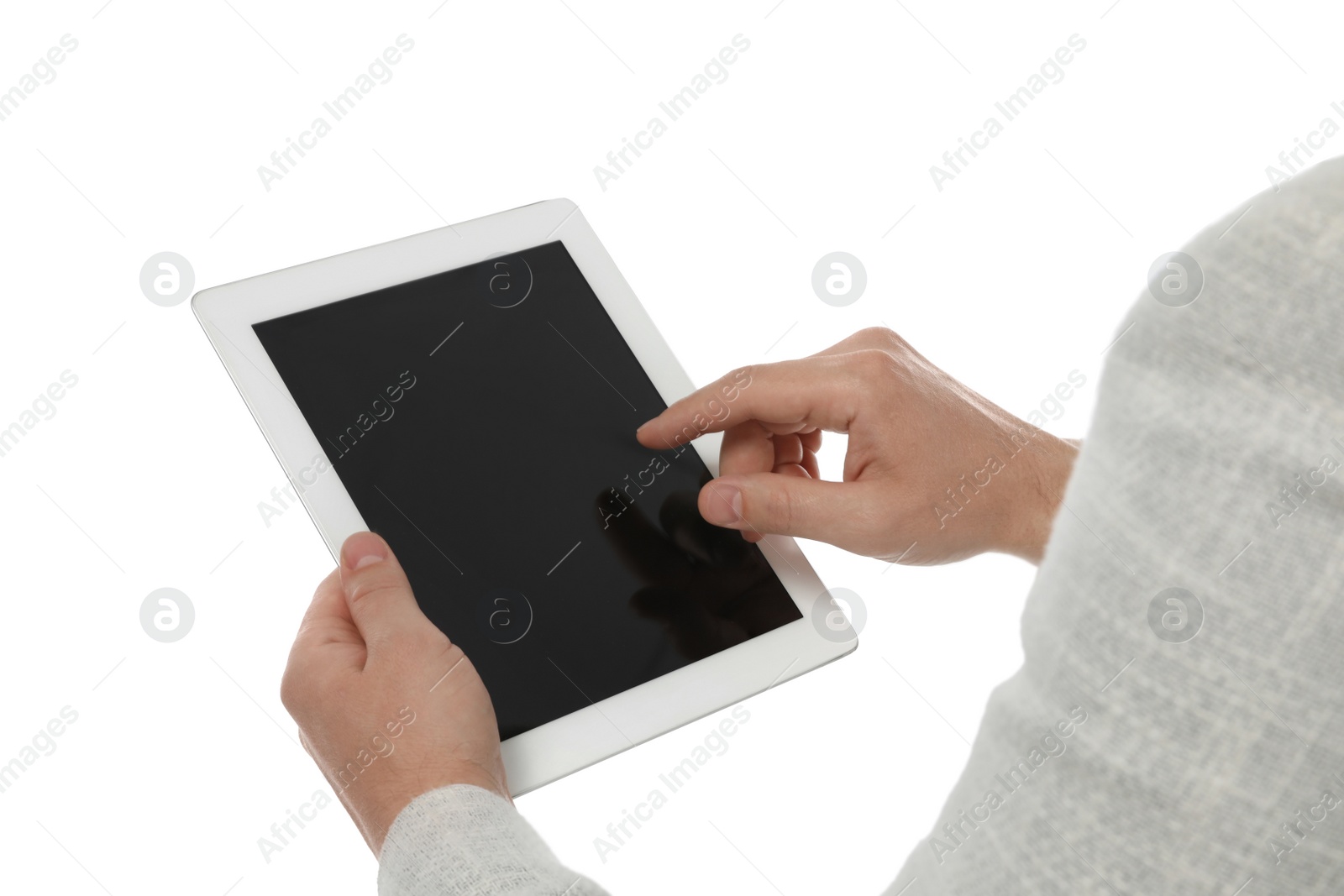 Photo of Businessman using tablet computer on white background, closeup