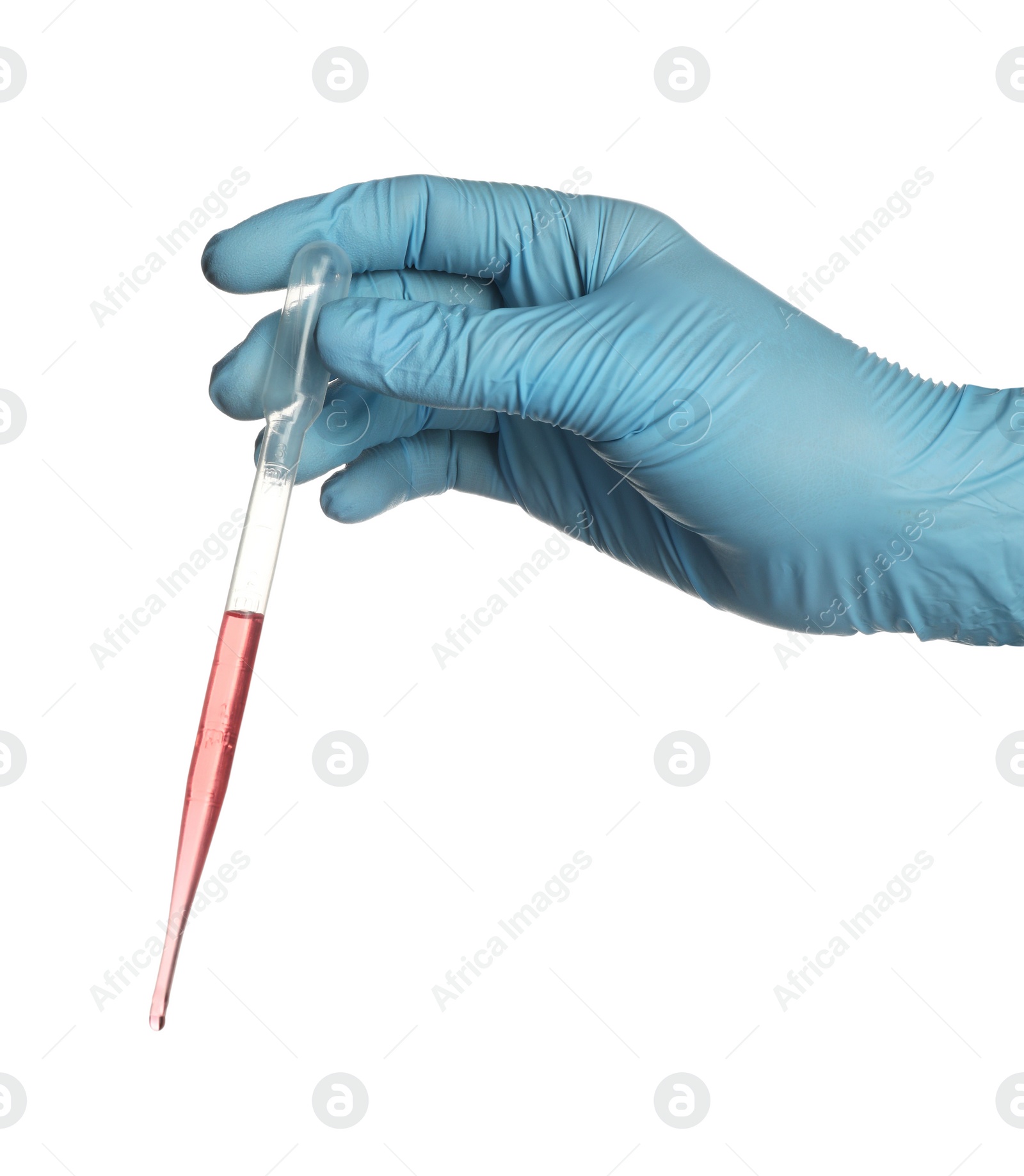 Photo of Scientist with pipette on white background, closeup