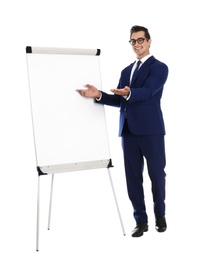 Professional business trainer near flip chart on white background