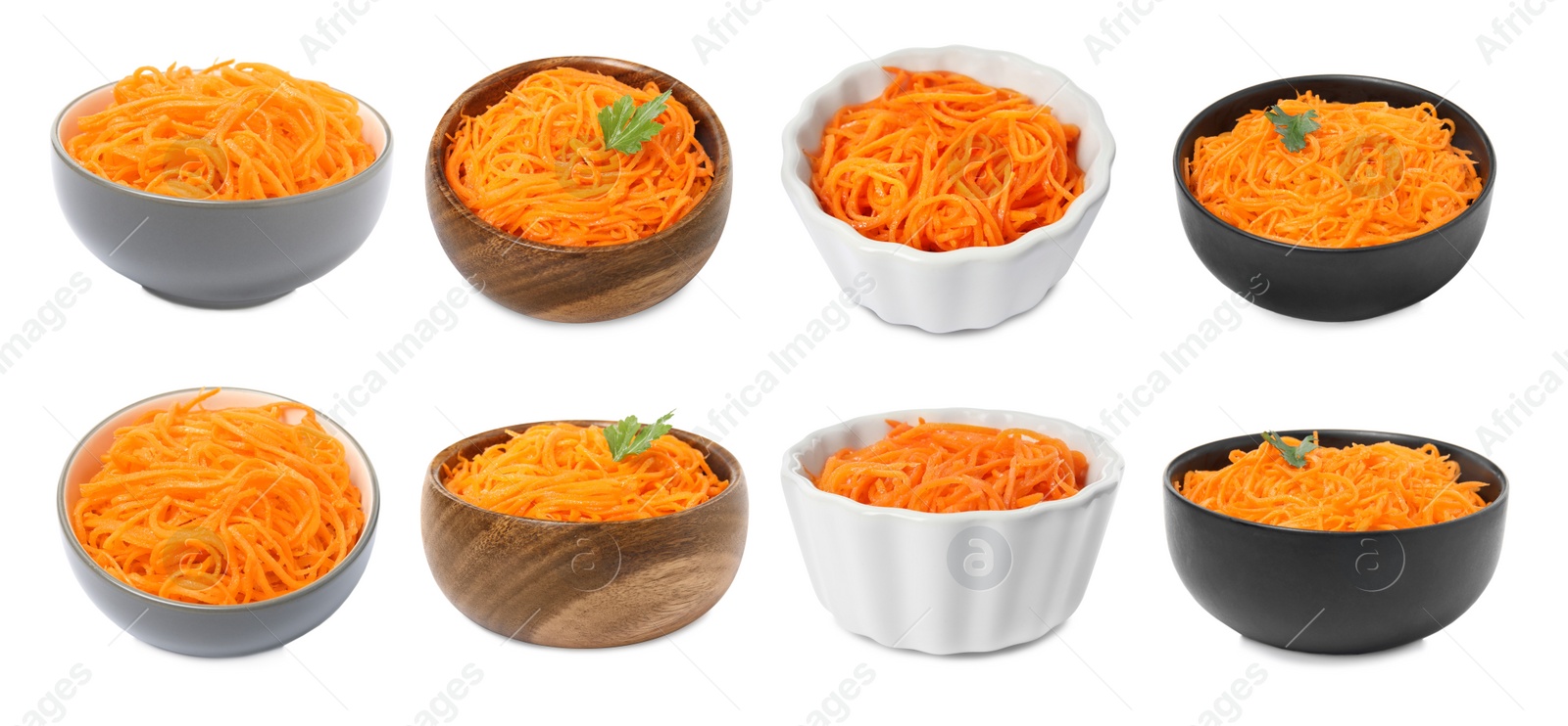 Image of Set with tasty Korean carrot salad on white background. Banner design