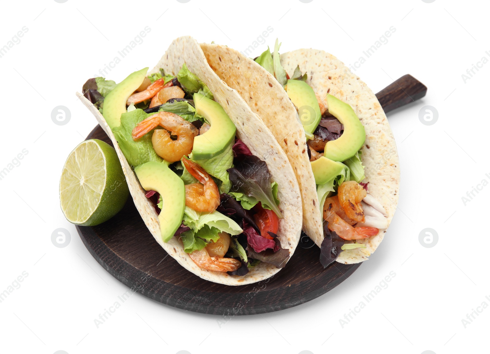 Photo of Delicious tacos with shrimps, avocado and lime on white background