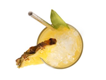 Tasty pineapple cocktail with ice cubes isolated on white, top view