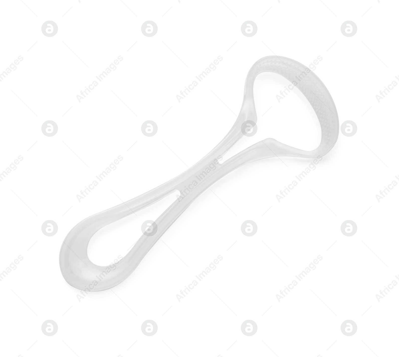 Photo of One plastic tongue cleaner isolated on white, top view. Dental care