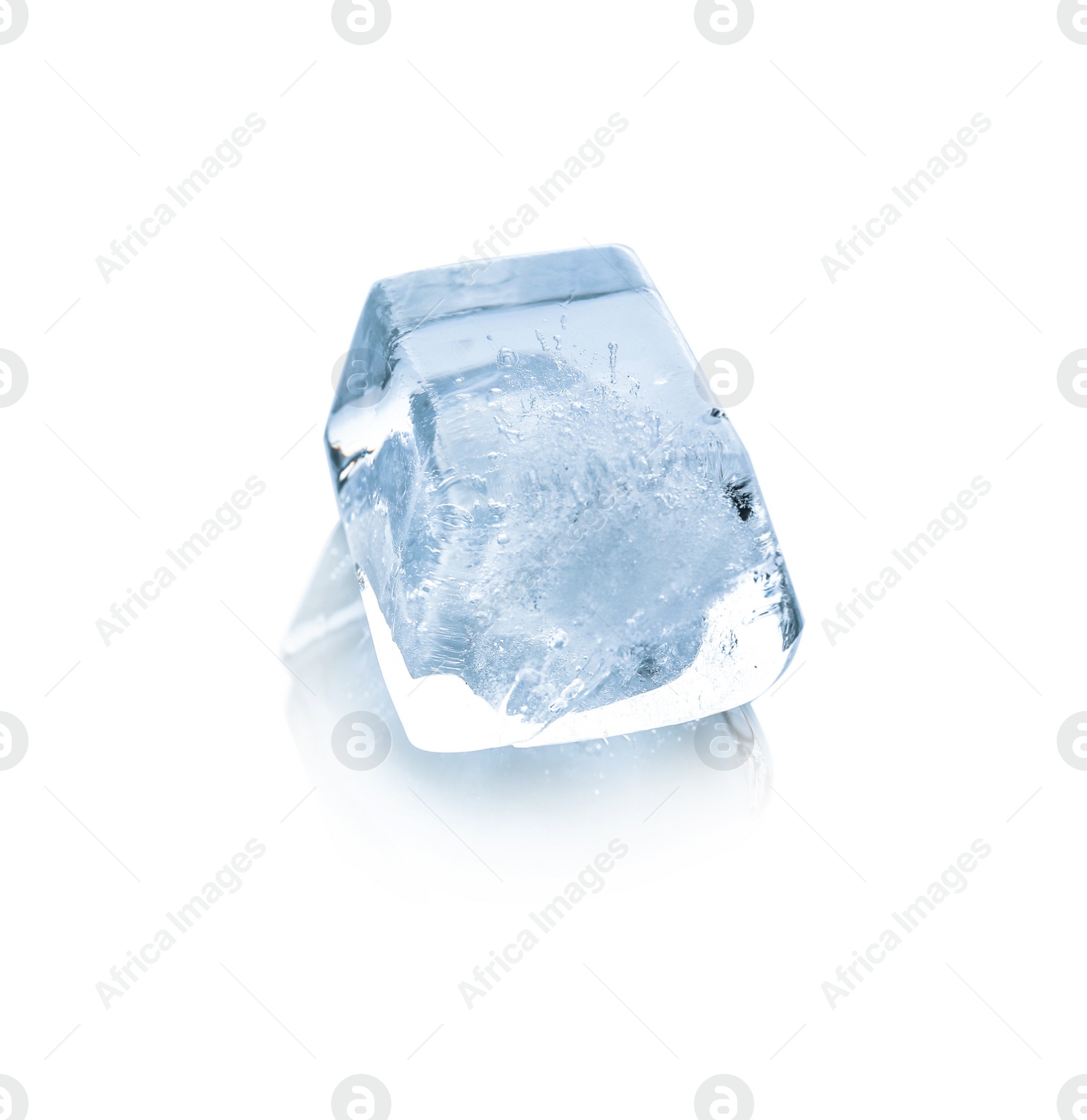 Photo of One crystal ice cube on white background