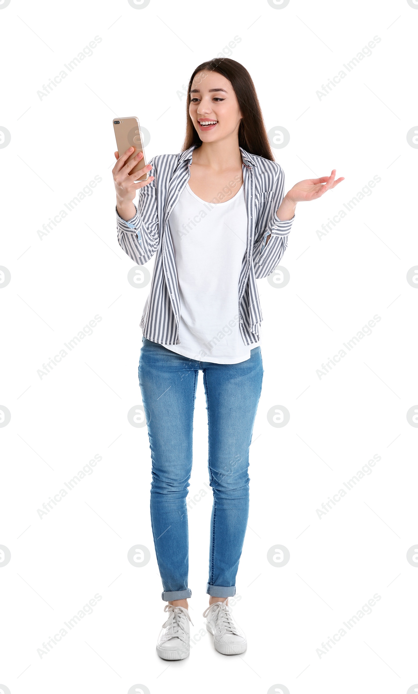 Photo of Woman using mobile phone for video chat isolated on white