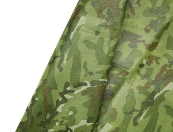 Photo of Camouflage fabric isolated on white, top view