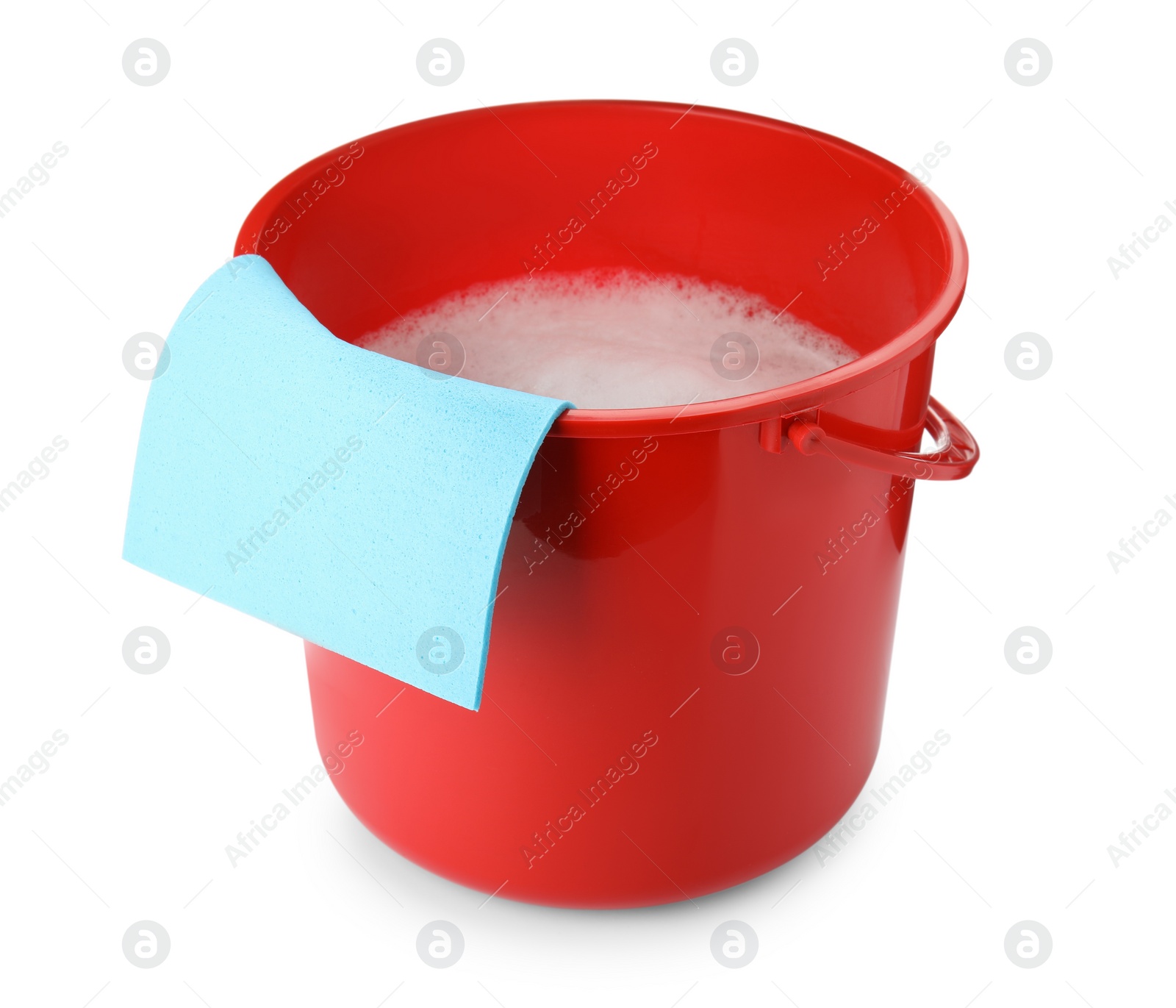 Photo of Red bucket with detergent and rag isolated on white