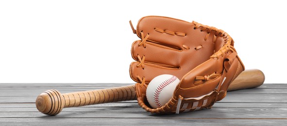 Photo of Baseball bat, ball and catcher's mitt on grey wooden table against white background