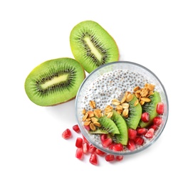 Photo of Dessert bowl of tasty chia seed pudding with granola, kiwi and pomegranate on white background