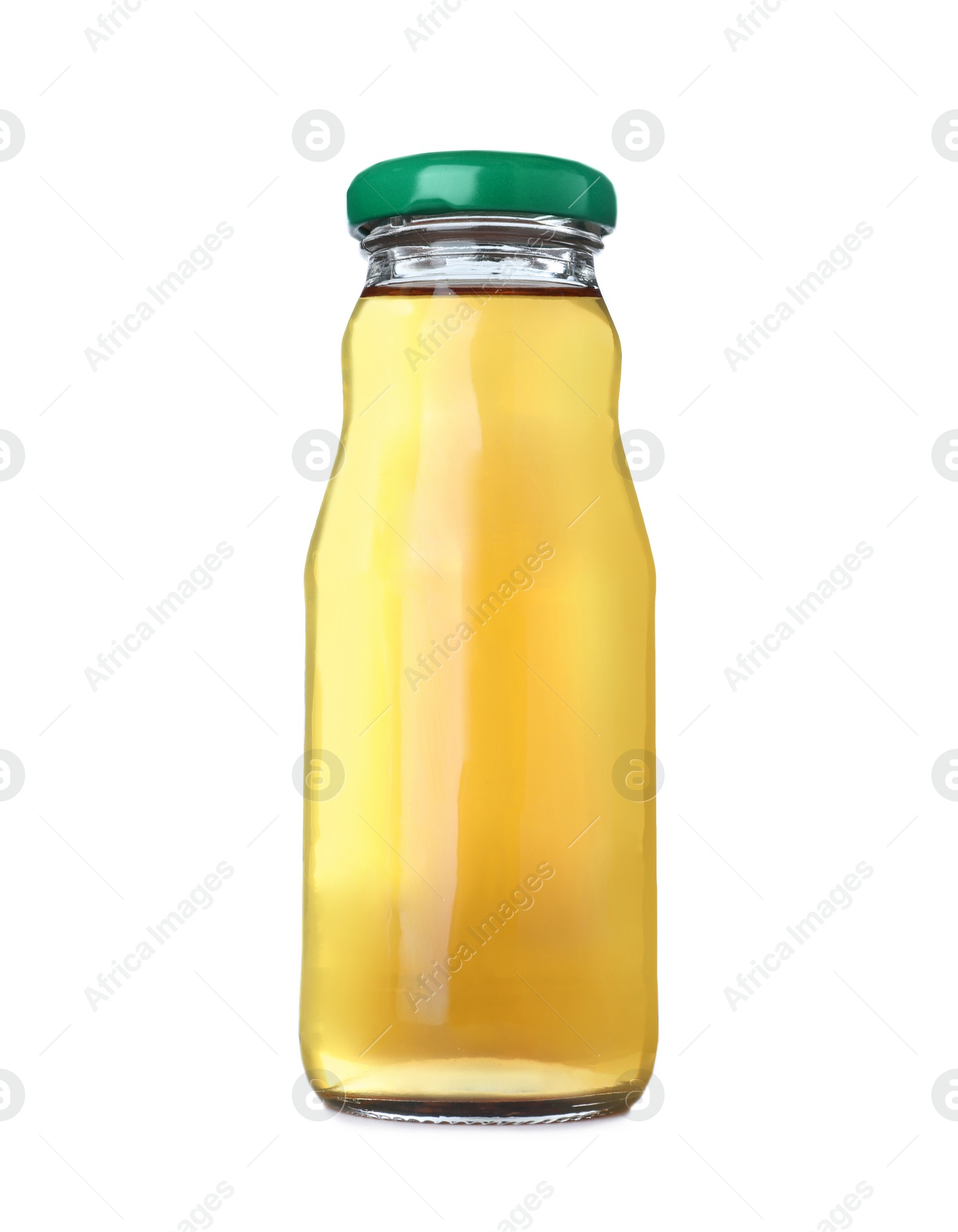 Photo of Juice in glass bottle for children on white background