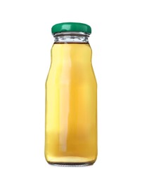 Juice in glass bottle for children on white background