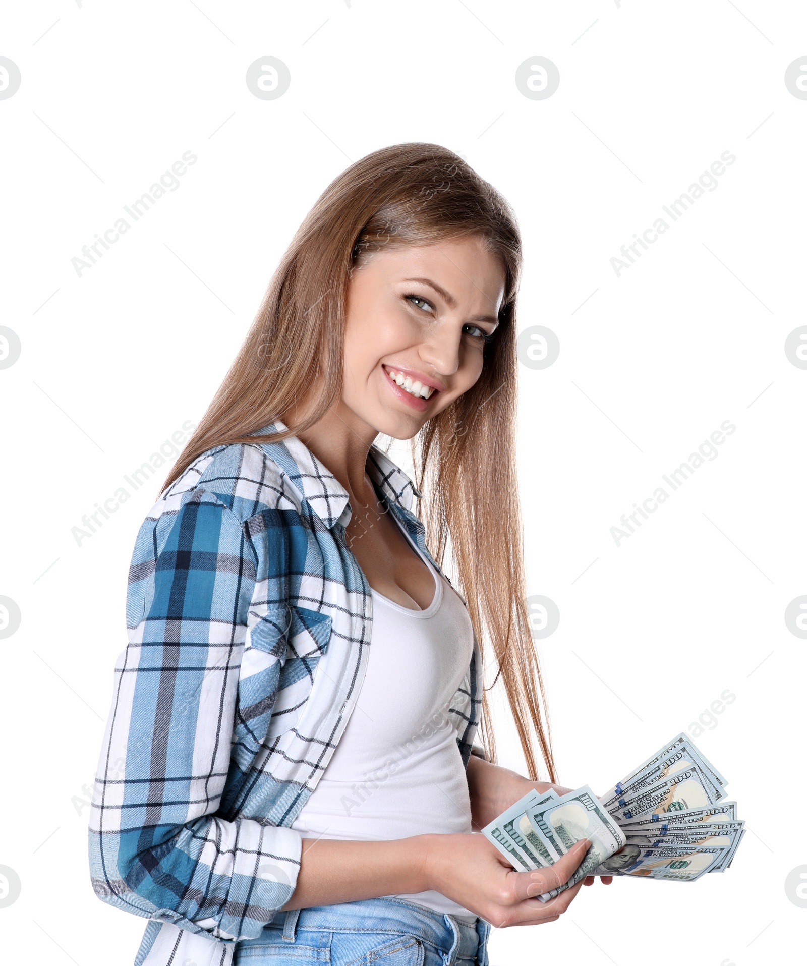 Photo of Portrait of happy young woman with money on white background