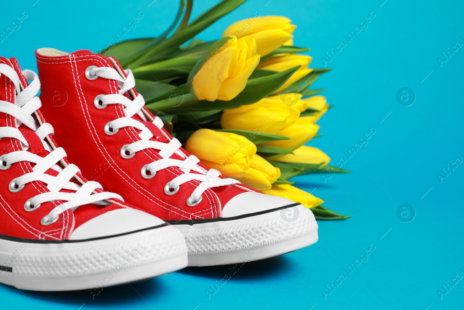 Photo of Pair of new stylish red sneakers and beautiful tulips on light blue background. Space for text