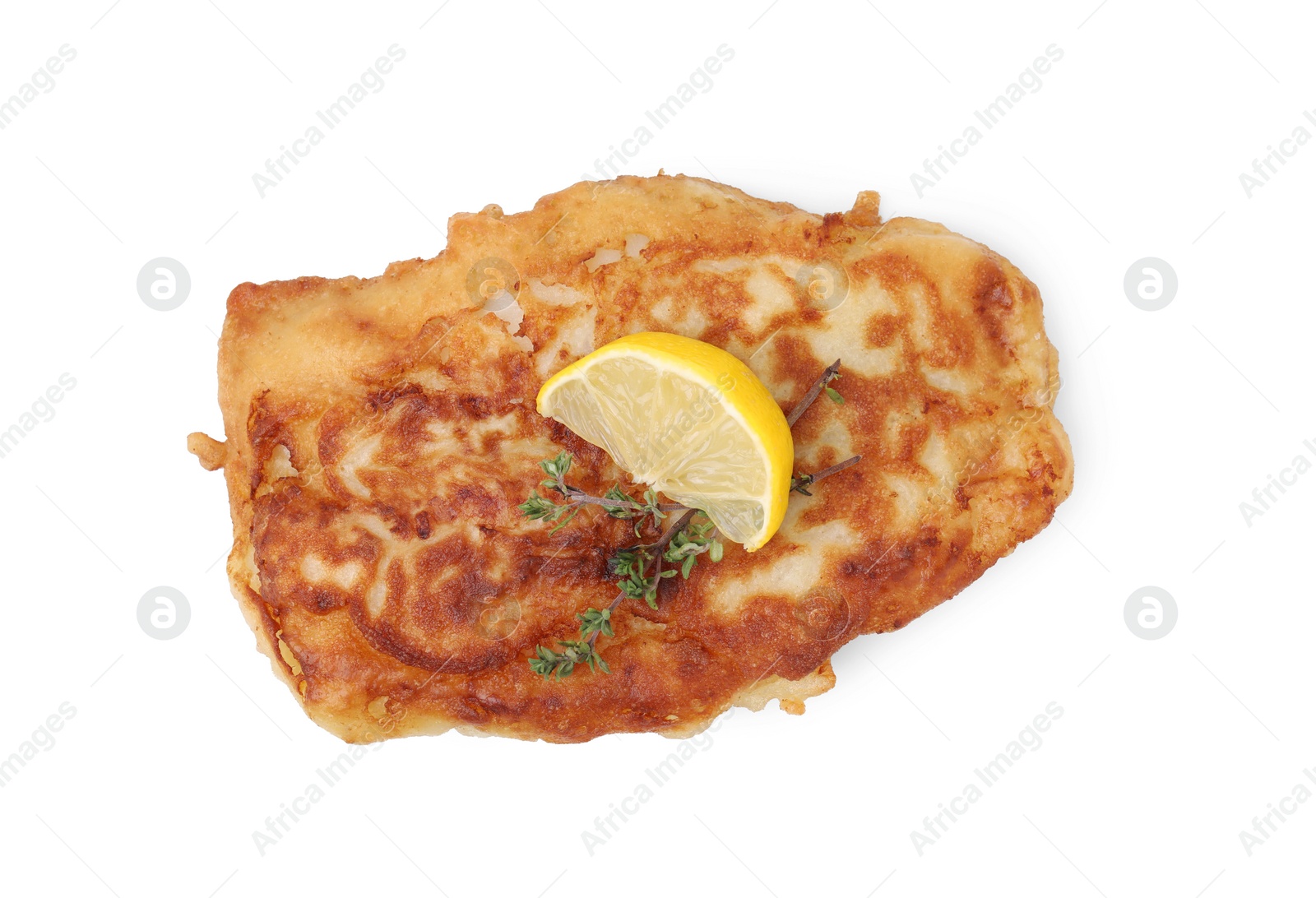 Photo of Tasty fish in soda water batter, thyme and lemon slice isolated on white, top view