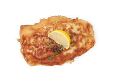 Tasty fish in soda water batter, thyme and lemon slice isolated on white, top view