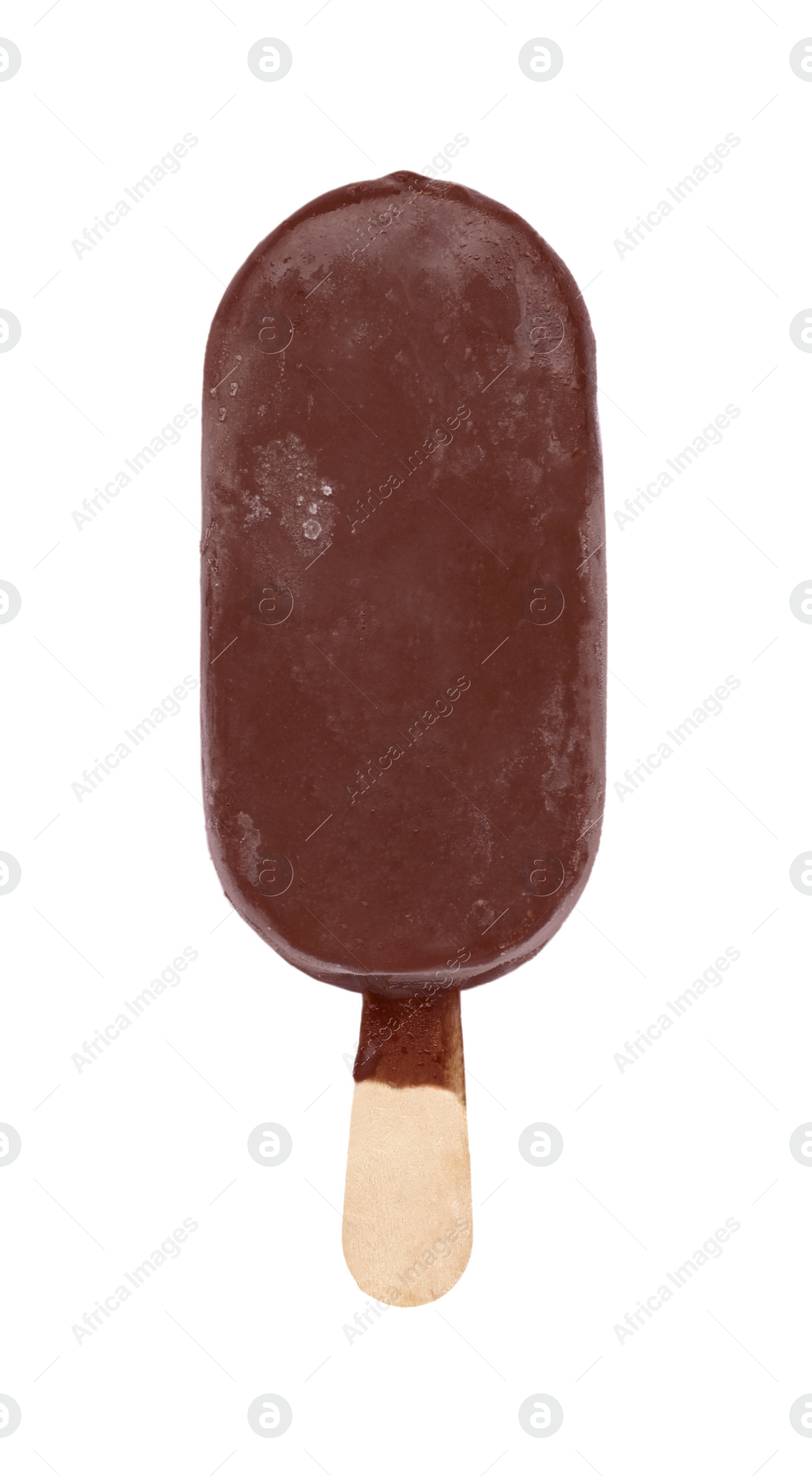 Photo of Delicious chocolate-glazed ice cream bar isolated on white, top view