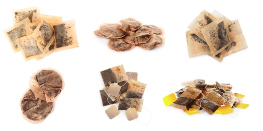 Image of Set with used tea bags on white background