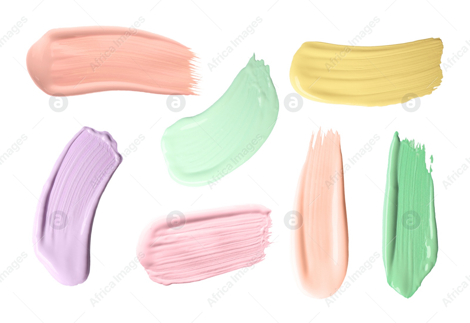 Image of Set with strokes of color correcting concealers on white background, top view