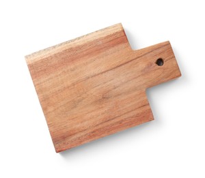 Photo of One wooden cutting board on white background, top view