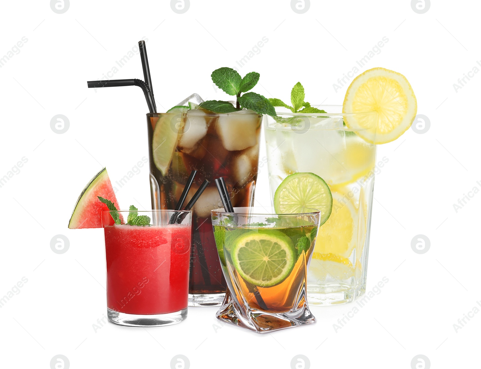 Image of Set of different soft and strong refreshing drinks on white background