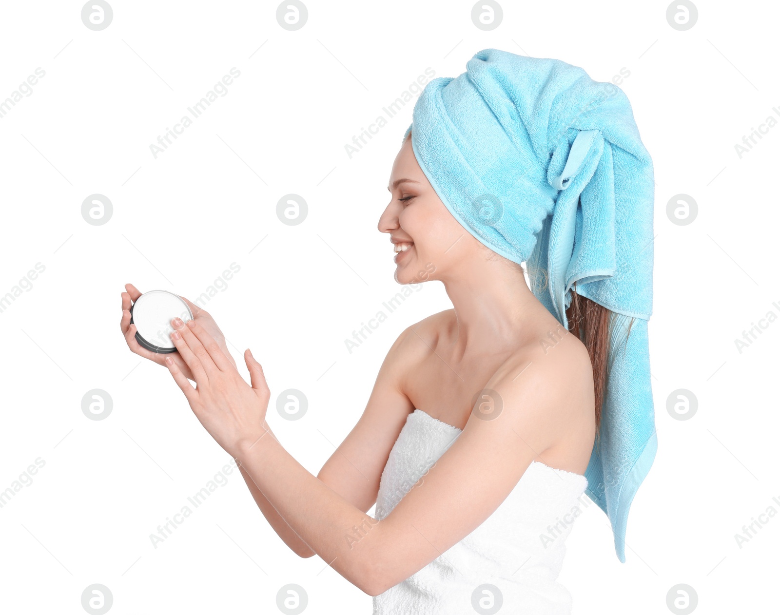 Photo of Young woman with jar of hand cream on white background