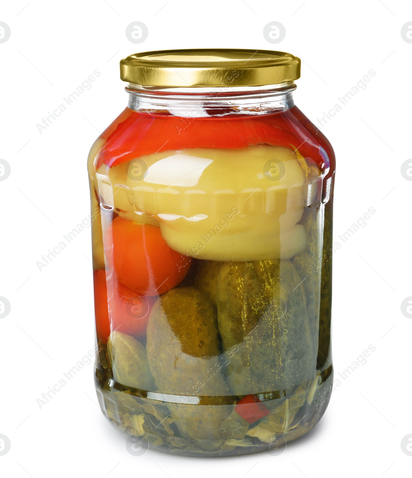 Photo of Glass jar with pickled vegetables isolated on white