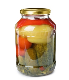 Photo of Glass jar with pickled vegetables isolated on white