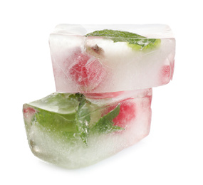 Photo of Ice cubes with currant and mint on white background