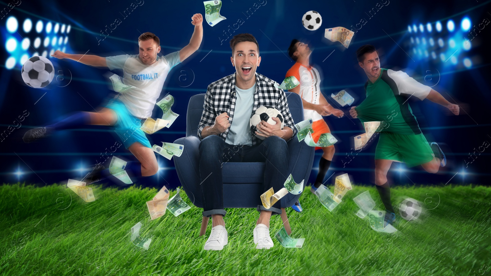 Image of Sports betting. Man rooting for football team, money flying around him. Stadium with players on background