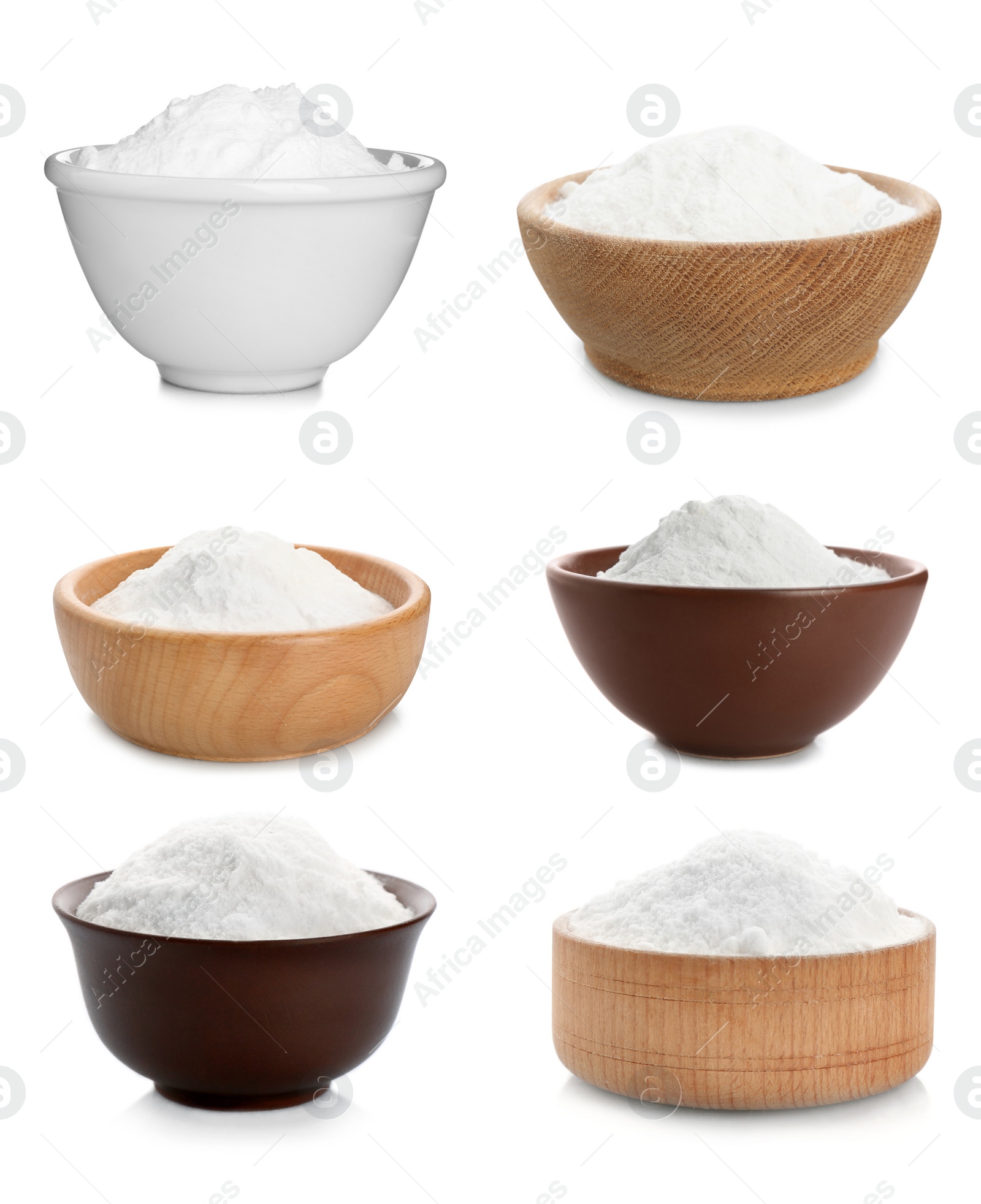 Image of Set with bowls of baking soda on white background