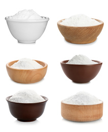 Image of Set with bowls of baking soda on white background