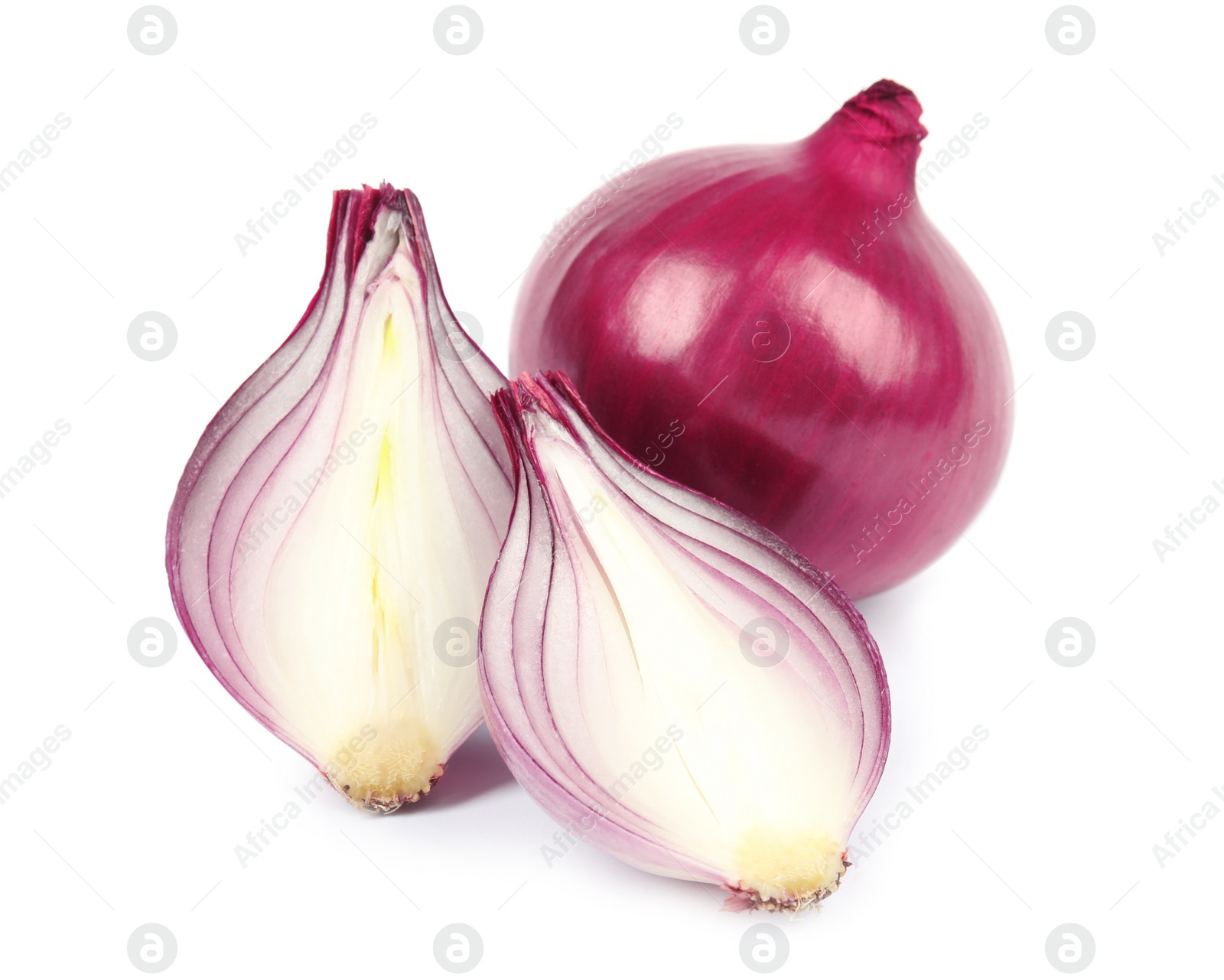 Photo of Fresh whole and cut red onions on white background