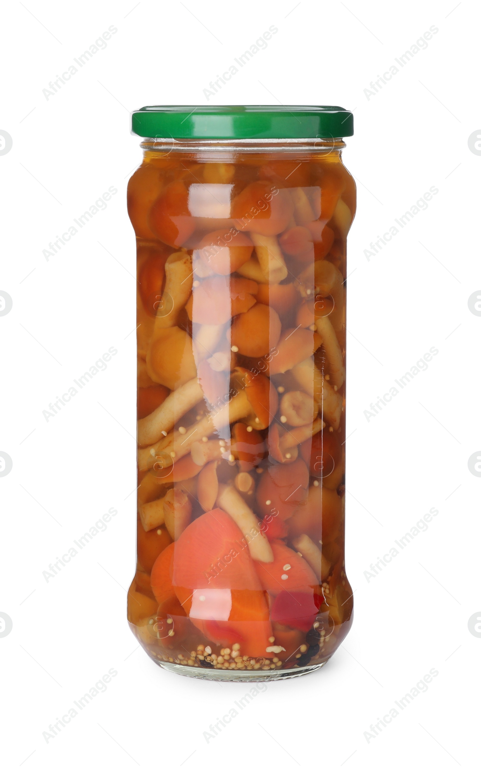 Photo of Jar with marinated mushrooms isolated on white