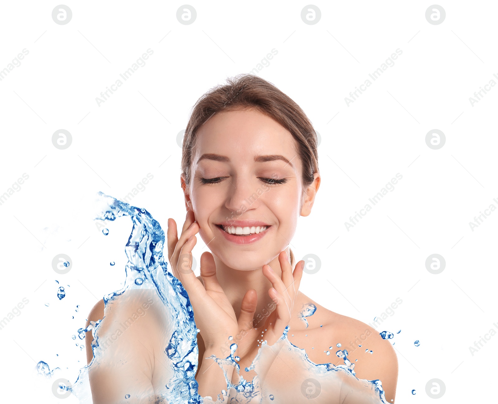 Image of Portrait of beautiful young woman with perfect moisturized skin and splashing water