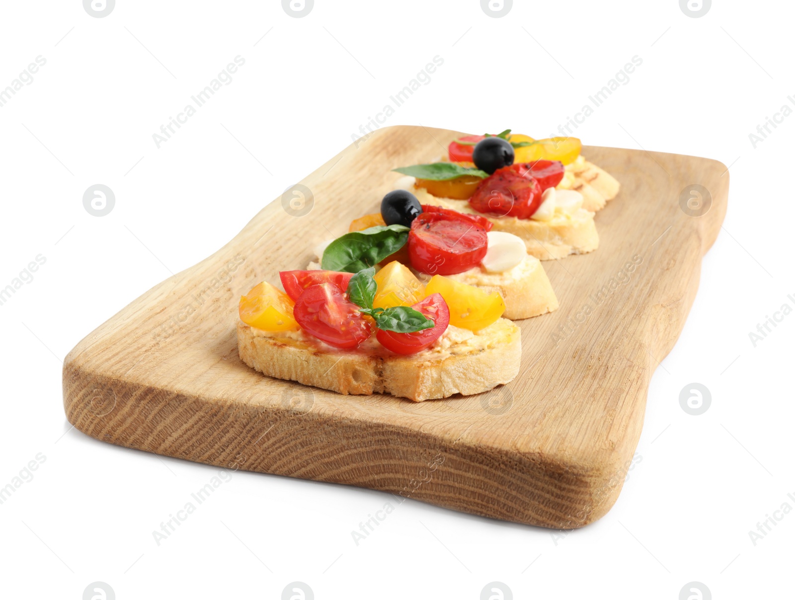 Photo of Wooden board with delicious tomato bruschettas on white background