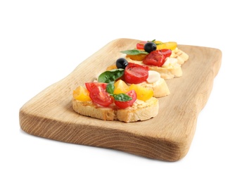 Photo of Wooden board with delicious tomato bruschettas on white background