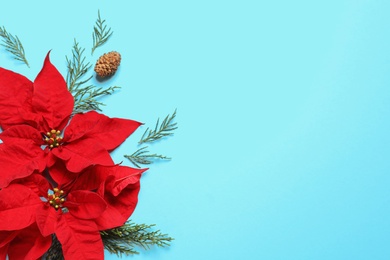 Photo of Flat lay composition with poinsettia and space for text on color background. Traditional Christmas flower