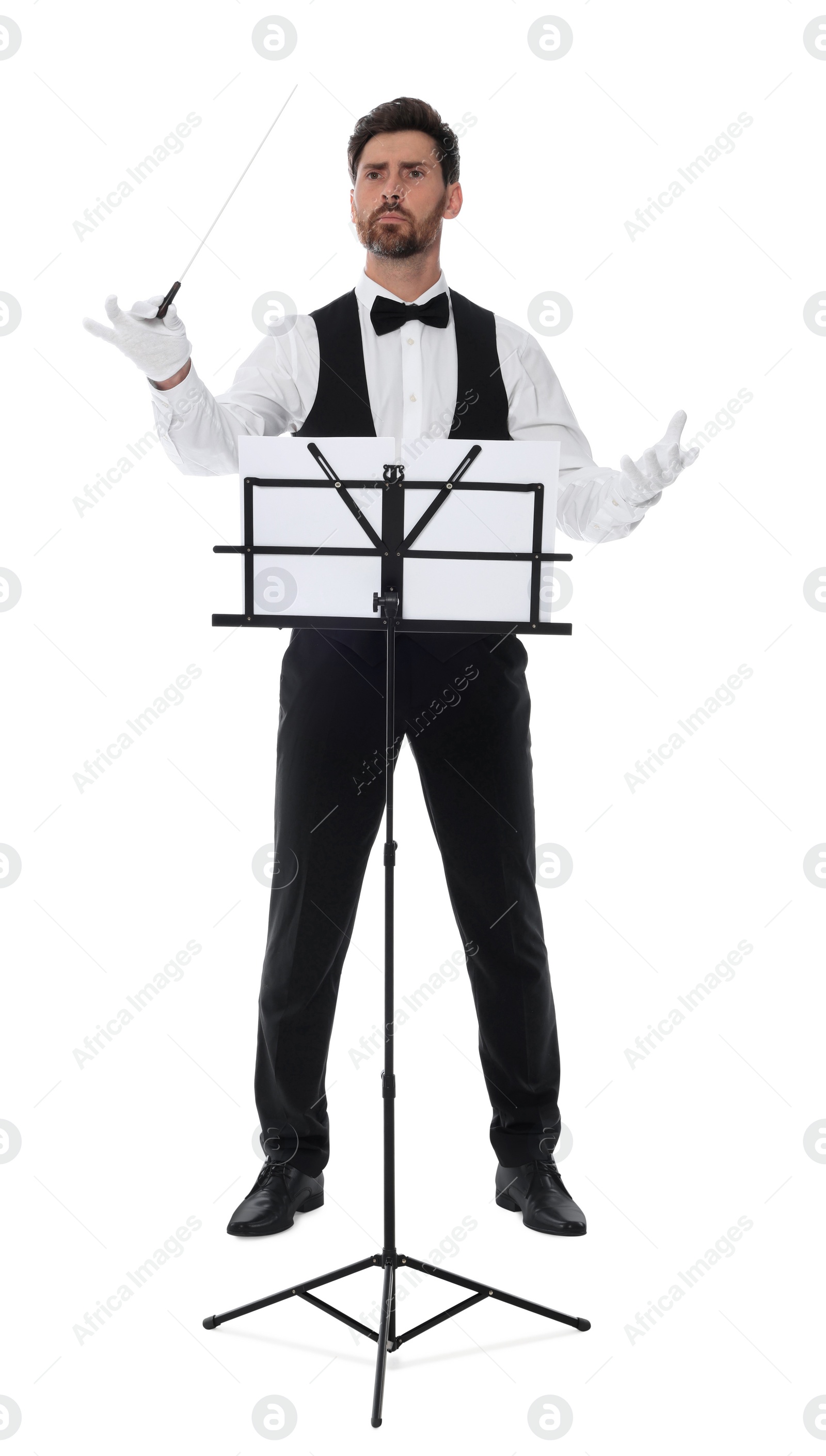 Photo of Professional conductor with baton and note stand on white background