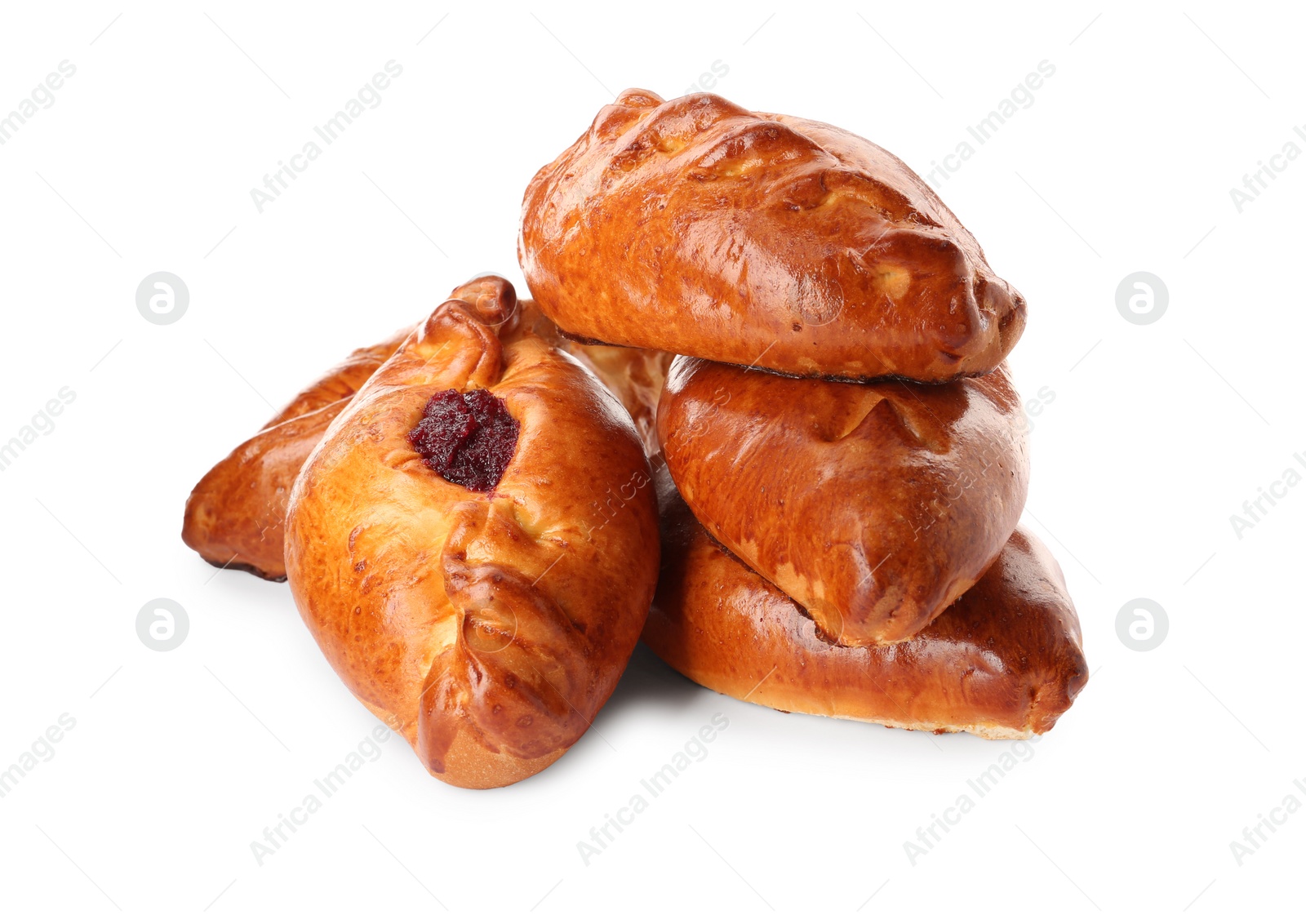 Photo of Many delicious baked patties on white background