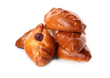 Photo of Many delicious baked patties on white background