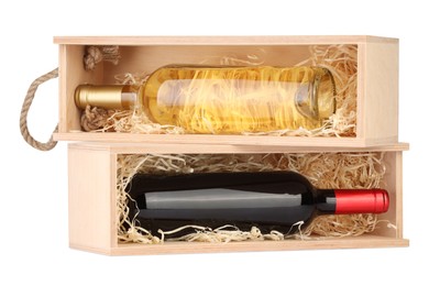 Wooden gift boxes with wine isolated on white