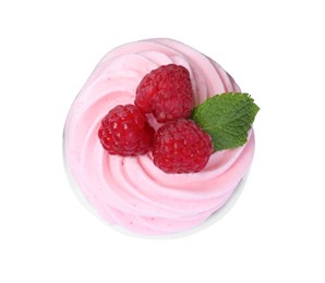 Sweet cupcake with fresh raspberries on white background, top view