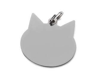 Silver metal cat shaped tag isolated on white. Pet accessory