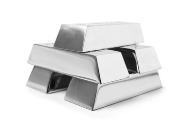 Image of Stack of shining silver bars isolated on white